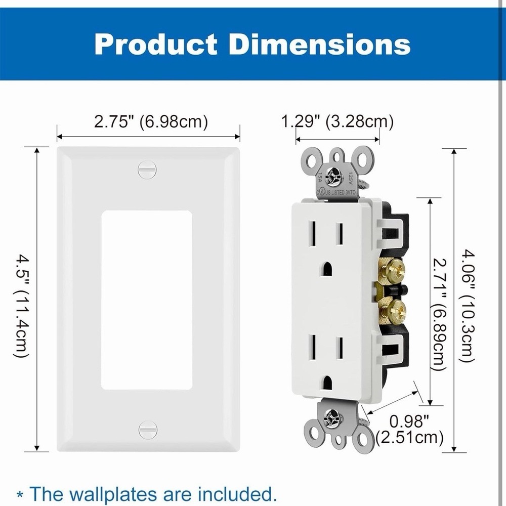 BESTTEN 30 Pack 15 Amp Decorator Receptacle Outlet w/ Screwless Wall Plates - Picture 7 of 9